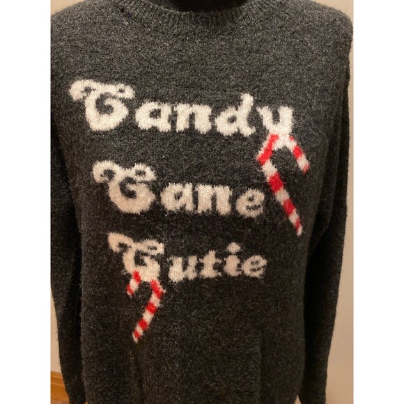 Christmas Holiday Womens Gray Sweater Candy Cane Cutie Sz Medium Fuzzy Unique - Picture 2 of 8